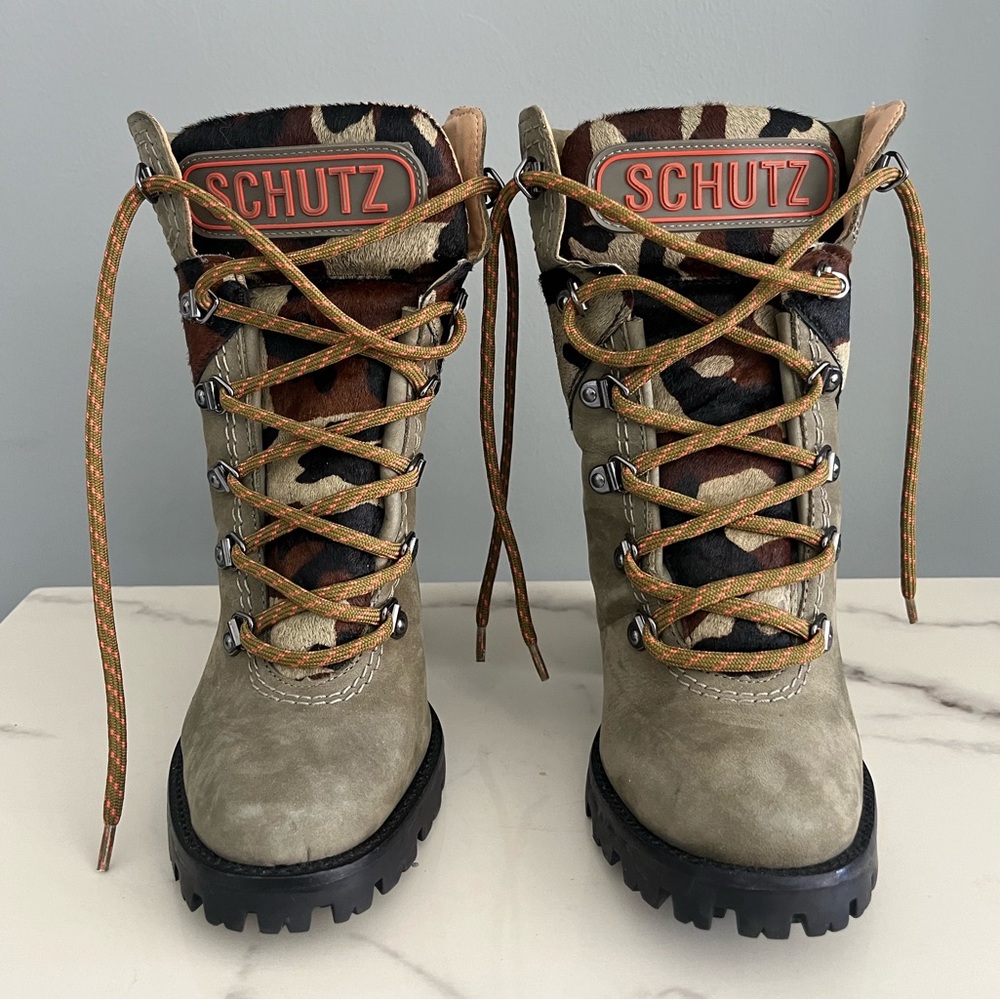 Schutz boots, military green, size 5.